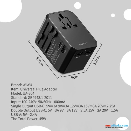 WIWU 45W UNIVERSAL PLUG ADAPTER 4IN 1 BLACK (6M)