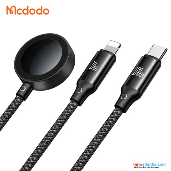 MCDODO BETA SERIES 1.2M USB-C TO TYPE-C+LIGHTING+WIRELESS CHARGER FOR APPLE WATCH 3 IN 1 CHARGING CABLE BLACK-(6M)