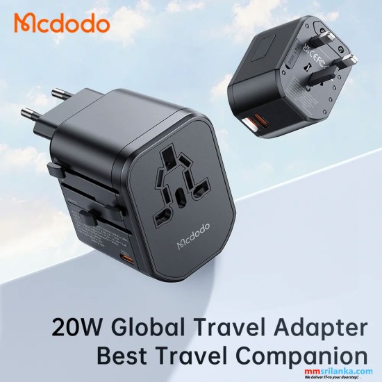 MCDODO UNIVERSAL TRAVEL ADAPTER DUAL USB+TYPE C PORTS 20W PD,EU/US/AU/UK-(6M)