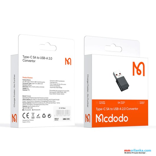 MCDODO USB 2.0 TO TYPE-C CONVERTOR ADAPTER 5A-(6M)