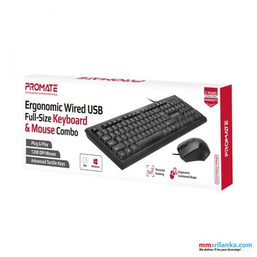 Promate Ergonomic Wired USB Full-Size Keyboard & Mouse Combo (1Y)											