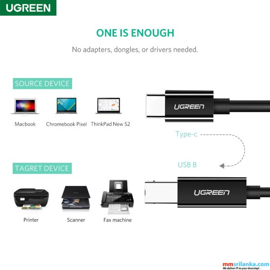 UGREEN USB-C Male To USB-B 2.0 Male Printer Cable ABS 1m (6M)