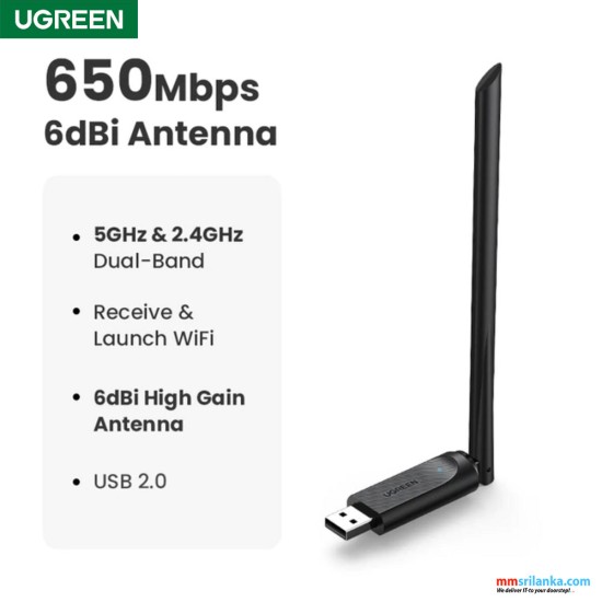 UGREEN Ac650 High Gain DualBand Wireless USB Adapter-(6M)