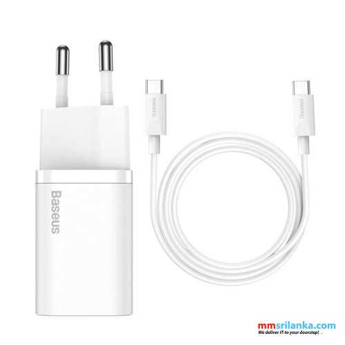 Baseus 25W Super Si Quick Charger 1C EU Sets White（With Mini White Cable Type-C to Type-C 3A 1m)