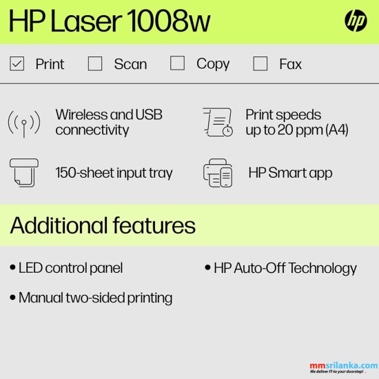 HP LASERJET 1008w MONOCHROME PRINTER WITH USB / Wireless CONNECTIVITY (1Y)