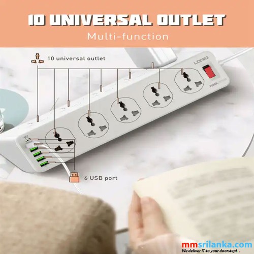 LDNIO SC10610 30W 6-Port USB Charger Power Strip (6M)