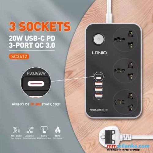 LDNIO SC3412 38W PD20W Power Strip 3 Socket Outlets and 3 QC 3.0 USB (6M)