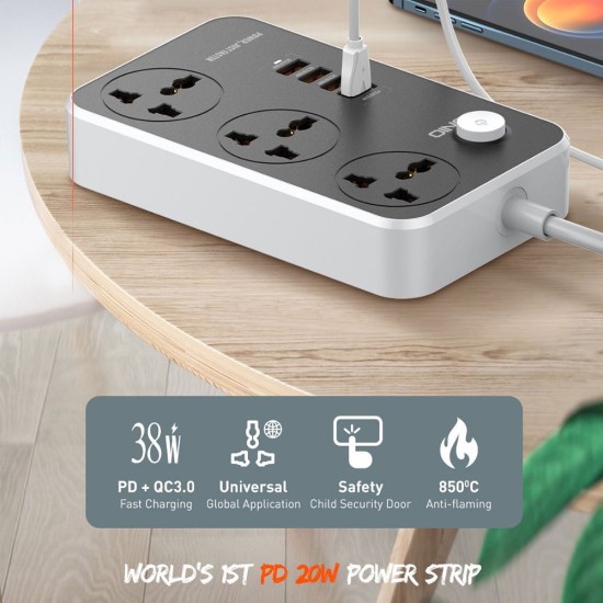LDNIO SC3412 38W PD20W Power Strip 3 Socket Outlets and 3 QC 3.0 USB (6M)