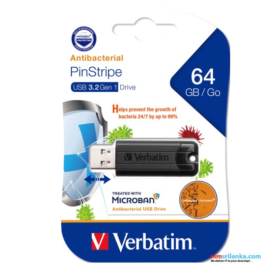 VERBATIM 64GB PinStripe USB 3.2 Gen 1 Flash Drive (3Y)