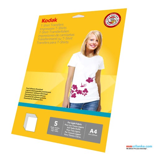 KODAK LIGHT T-SHIRT TRANSFERS A4 SIZE 5 SHEETS