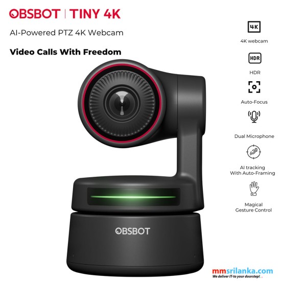 OBSBOT Tiny 4K PTZ Webcam, AI-Powered AI-Tracking Auto-Framing Gesture Control HDR 4K Webcam with Dual Omni-Directional Mic 4X Zoom in/Out for Video Meeting Remote Class Live Streaming (1Y)