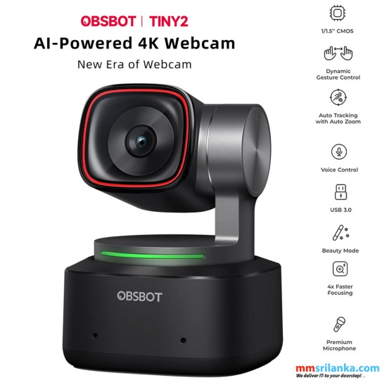 OBSBOT Tiny 2 Webcam 4K Voice Control PTZ, AI Tracking & Auto Focus, Gesture Control, HDR Light Correction, Webcam for PC, Streaming, Conference (1Y)