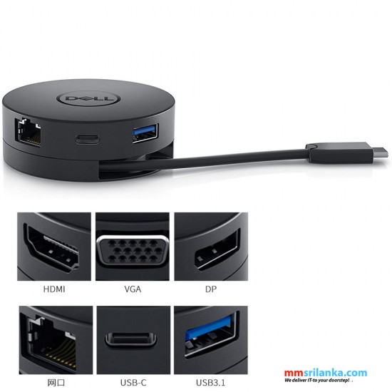 Dell DA300 USB-C Type-C Mobile Adapter Docking Station USB Type C 2x USB Ports Ethernet Network (RJ-45) HDMI VGA DisplayPort Crisp 4K resolution Support at 60Hz and fast SuperSpeed USB 10Gbps data transfer rate