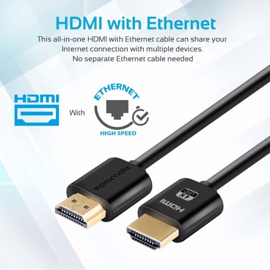 Promate 4K HDMI Cable, High-Speed 3 Meter HDMI Cable with 24K Gold Plated Connector and Ethernet, 3D Video Support