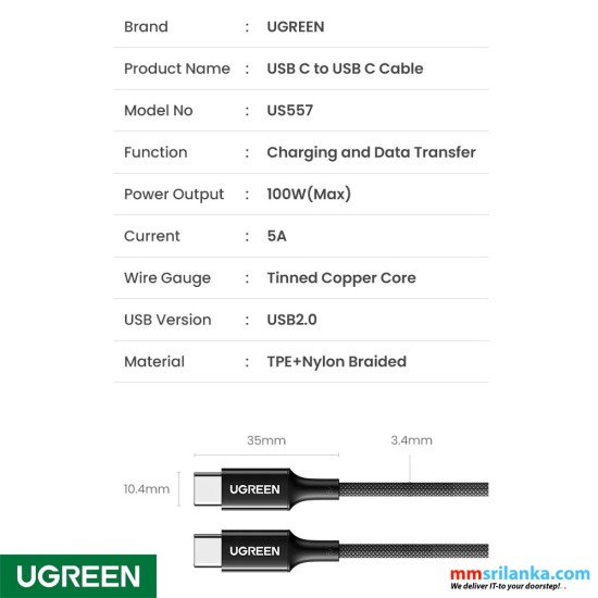 UGREEN USB C to USB C Cable 100W Type C Charger 2m Cable Fast Charging Compatible with MacBook Pro