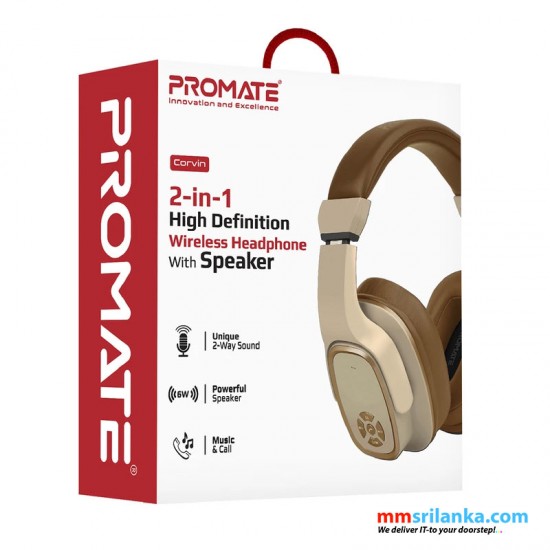 Promate Wireless Headphone with Speaker, 2-in-1 High Definition Bluetooth v5.0 Headphone with Built-in 6W Speaker, Mic, 12H Playtime, MicroSD Card Slot, FM Radio and AUX Port