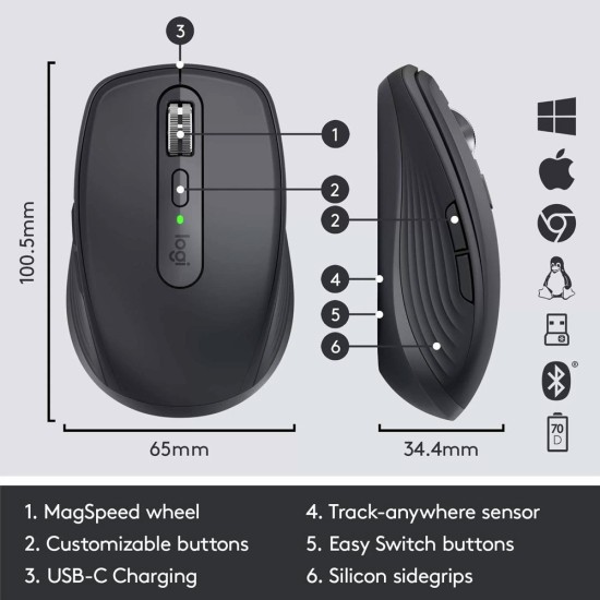 Logitech MX Anywhere 3 Compact Performance Mouse, Wireless, Bluetooth, Fast Scrolling, Customizable Buttons, USB-C