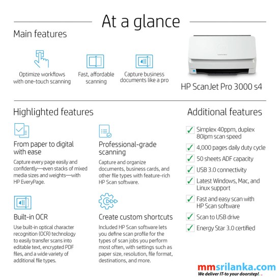 HP ScanJet Pro 3000 s4 Sheet-Feed Scanner (1Y)