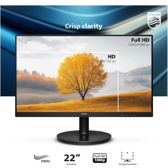 PHILIPS 22 inch Thin Full HD Monitor, 100Hz Refresh Rate, VESA, HDMI x1, VGA x1, Low Blue Mode, (3Y)