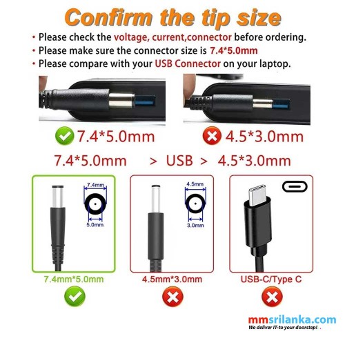 Dell 65W AC adapter for Dell Laptops 19.5V 3.34A 7.4mm*5.0mm Tip Central Pin