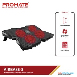 Promate Gaming Laptop Cooling Pad, Ergonomic High-Speed Laptop Cooling Pad with 4 Silent Cooling Fan, Dual USB Port, AirBase-3 Black
