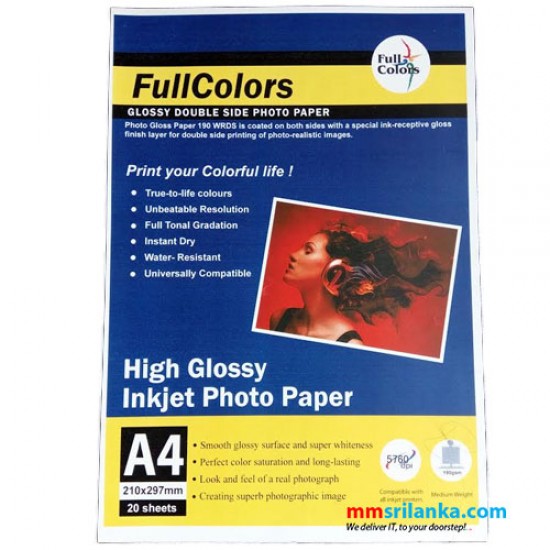 FullColors High Glossy 190gm Double Side A4 Inkjet Photo Paper 20 sheets Pack