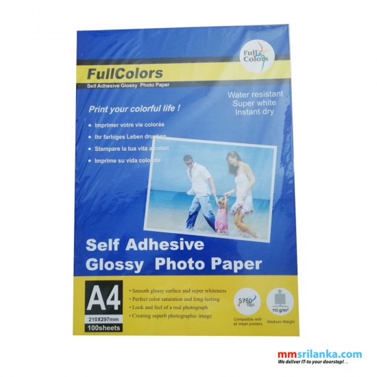 Fullcolors Self Adhesive Inkjet 115gsm Glossy A4 Sticker Photo Paper 100 Sheets Pack