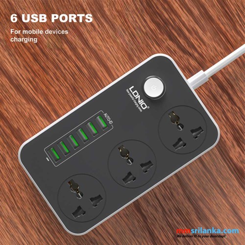 LDNIO SC3604 Power Strip with 6 USB Ports for mobile charger and 3 universal outlets power socket (6M)