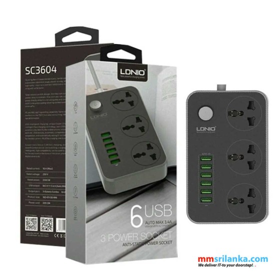 LDNIO SC3604 Power Strip with 6 USB Ports for mobile charger and 3 universal outlets power socket (6M)