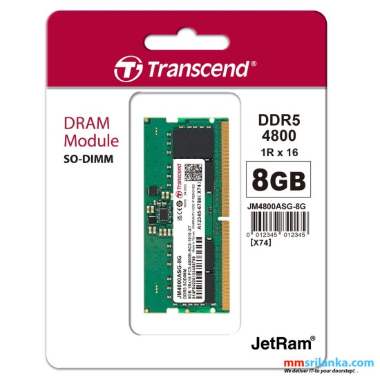 Transcend 8GB DDR5 4800 MHz SO-DIMM Memory, Laptop RAM (3Y)