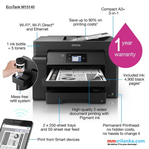 Epson EcoTank Monochrome M15140 A3 Wi-Fi Duplex All-in-One Ink Tank Printer (1Y)