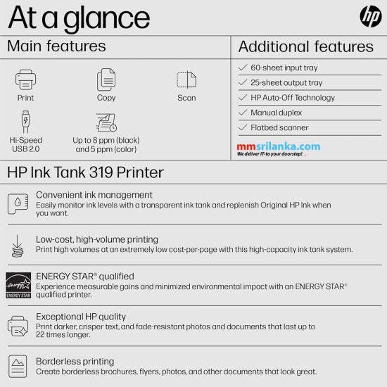 HP Ink Tank 319 All-in-one Color Printer with up to 15,000 Black and 8,000 Color pages ink included in the box - Print, Scan, Copy