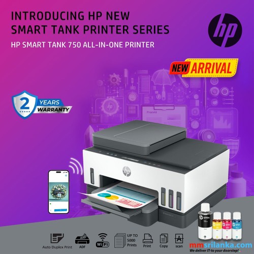 HP Smart Tank 750 WiFi Duplex Printer with; Print, Scan, Copy, Wireless and ADF (2Y)