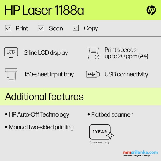 HP Laserjet 1188a Laser Monochrome Print, Scan, Copy with USB Connectivity (1Y)