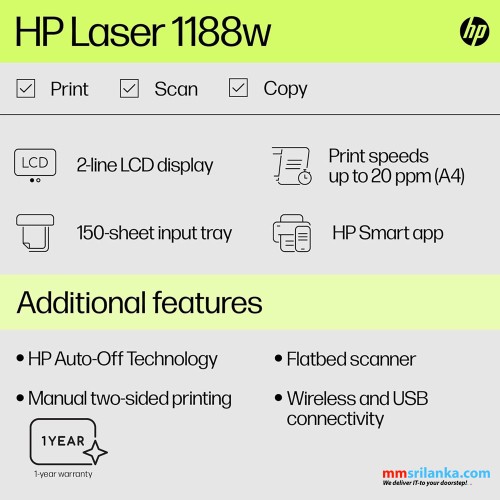 HP Laserjet 1188w Monochrome Multifunction Printer with Direct Wi-Fi (Print, Scan, Copy) (1Y)