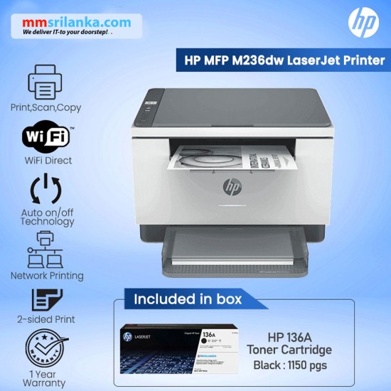 HP LaserJet MFP M236dw Printer, Print/Scan/Copy 2-sided print (1Y)