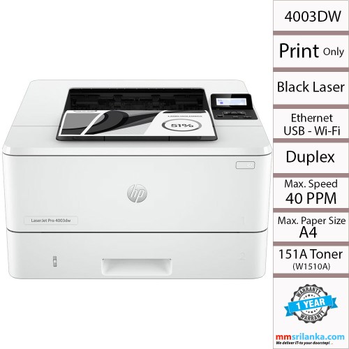 HP LaserJet Pro 4003dw Printer with Duplex, Network, USB and Wireless Functions (1Y)